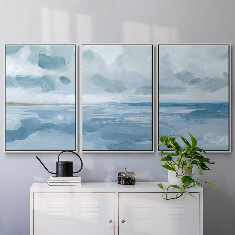 Calm Seascape I - Toile encadrée de plusieurs pièces, H 36 po x l 75 po, Cadre blanc