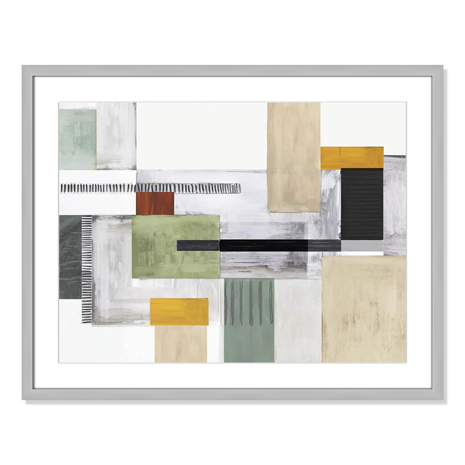 Playful Blocks Print by Tom Reeves, 23.5" H x 29.5" W x 1.25" D, Silver Box Picture Framed, White