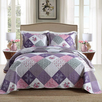HoneiLife Flower Cluster Purple Blended 3-Piece Queen Size Quilt Sets lightweight summer bedspreads