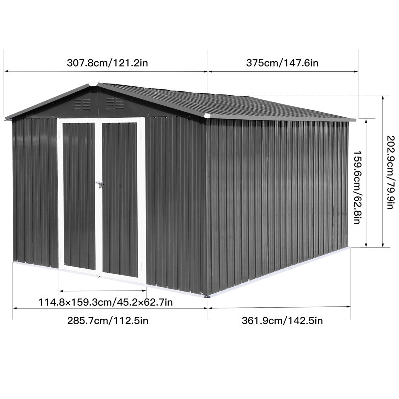 Metal Garden Storage Shed 10Ftx12ft Grey - Weather- Design Outdoor Ventilation System For Freshness, Gray, Gray