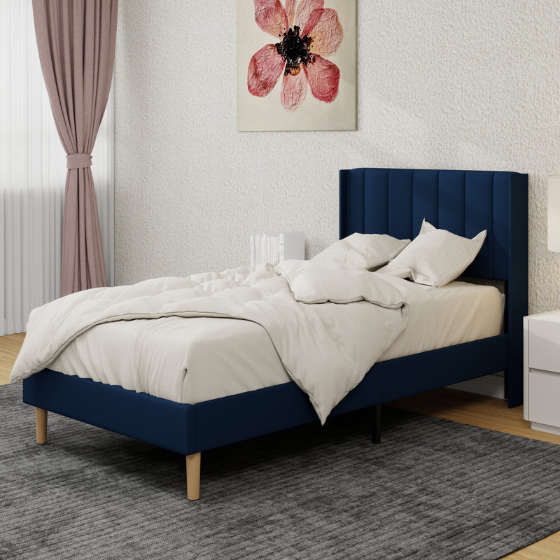 Structure de lit plateforme tapissier, Bleu, Simple