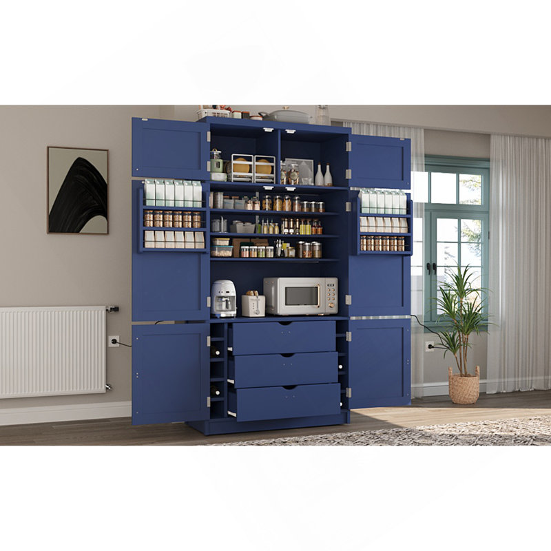 80.1'' Tall Freestanding Kitchen Pantry, 41.3''X18.2'' Large Shaker Style Storage Cabinet Cupboard With 2 Power Outlets, Adjustable Shelves And Door Shelves, Blue