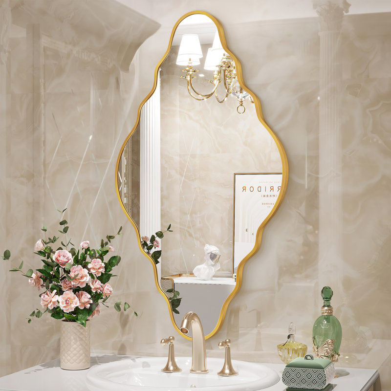 Irregular Metal Wall Mirror Asymmetrical Accent Mirror for Bathroom Living Room, Gold, 35.4" x 19.7"