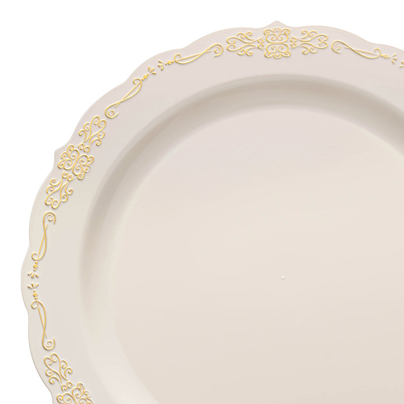 Assiettes à salade jetables rondes en plastique ivoire avec bordure dorée rétro (7,5 po)