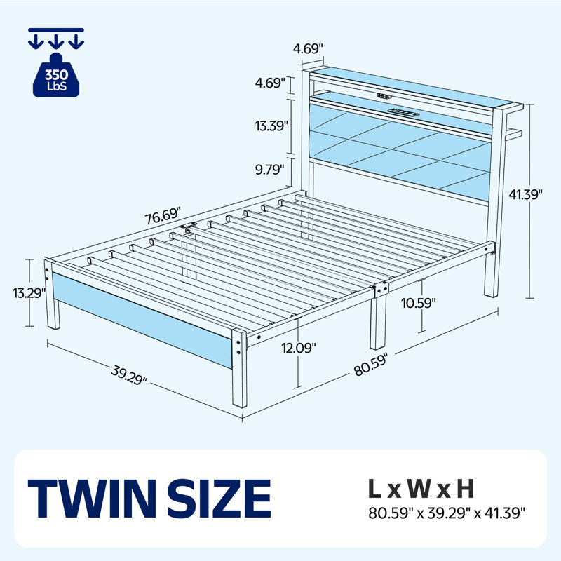 Twin Bed Frame with Headboard, Upholstered Bed with Storage Shelves and Charging Station, No Drawers, Twin, Gray
