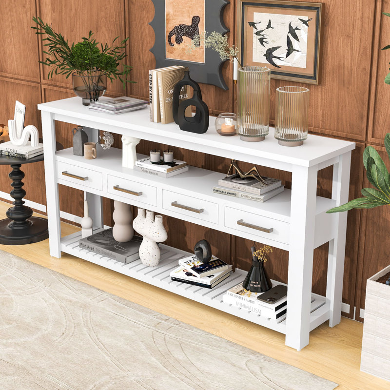 Eco-Friendly Console Table with Metal Handles and Ample Storage, White