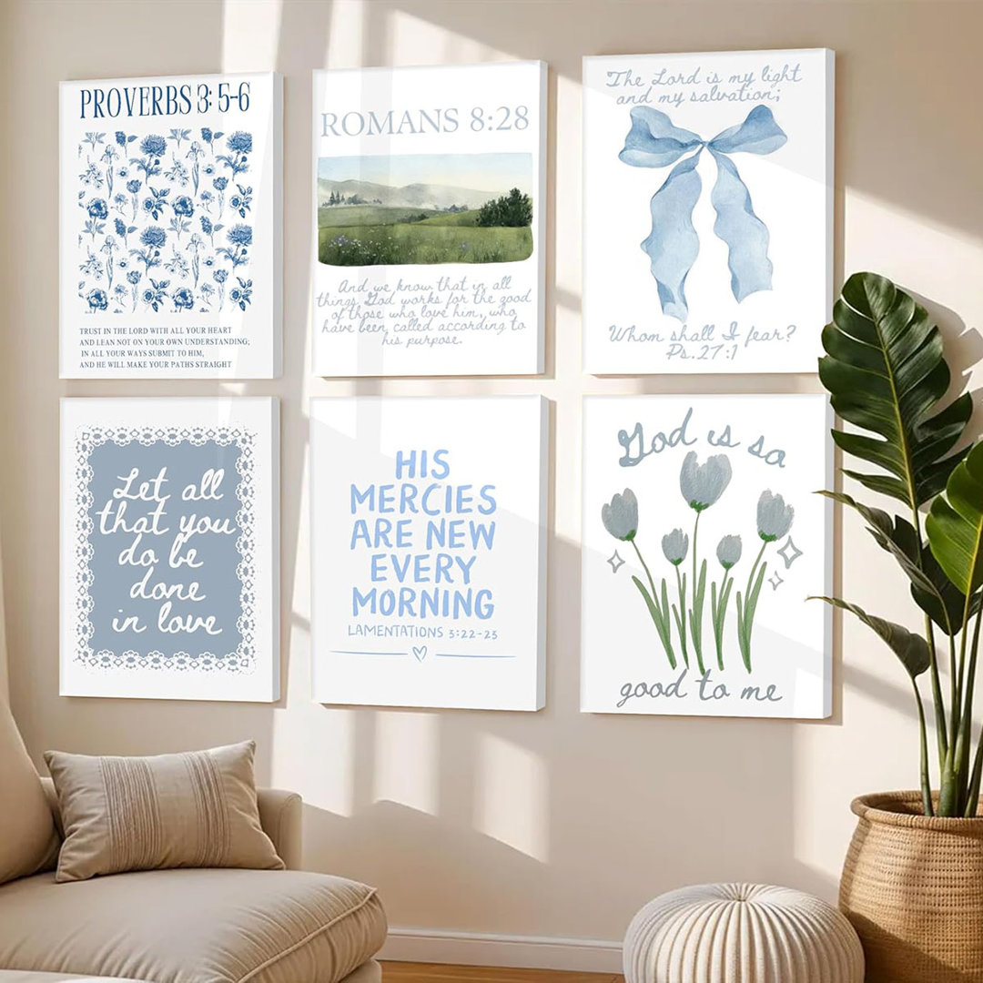6Pcs Framed Trendy Blue Christian Canvas Wall Art Bible Verses Preppy Posters Blue Coquette Bow Biblical Painting Pictures Religious Scripture Prints