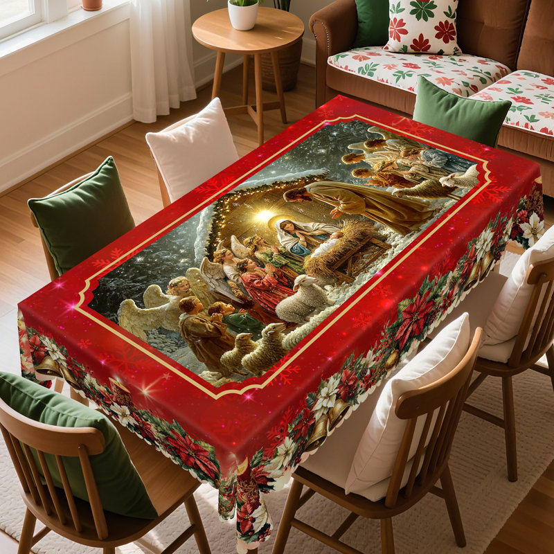Machine-washable red Christmas Jesus design polyester tablecloth, 86.6" L x 70.8" W