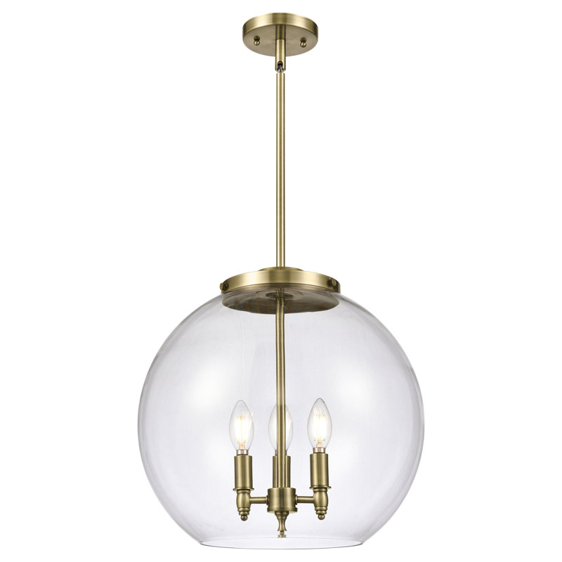 Luminaire suspendu sphère 3 lumières DEL Athens, Clair, H 16,38 po x l 15,75 po x P 15,75 po, Laiton antique