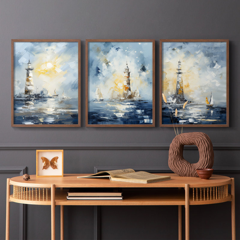 Série Sea and Shore Cxxvi - Ensemble de 3 estampes numériques encadrées - Prêt à être accroché, Noyer, H 28 po x l 22 po