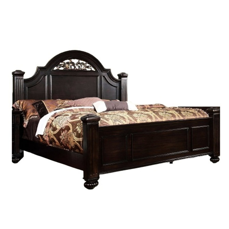 Très grand lit, noyer foncé, style contemporain, poteaux de lit cannelés, tête de lit à motif floral en bois de noyer, structure de style décontracté, structure stable