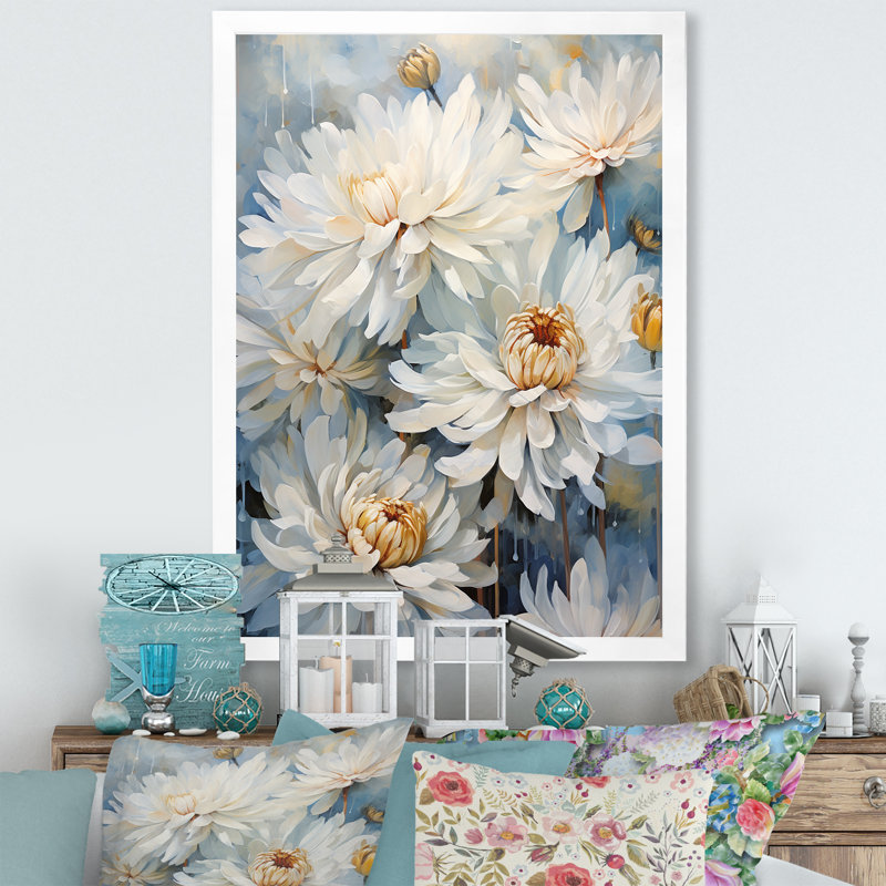 «White and Blue Chrysanthemums V» sur impression sur toile, Cadre simple blanc, H 44 po x l 34 po x P 1,5 po