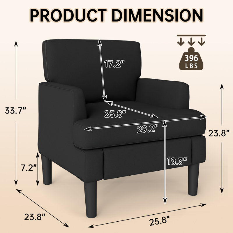 Mid-Century Reading Chair, No Screws Assembly, Comfy Upholstered Armchair with Sturdy Legs, Black