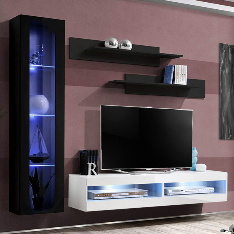 Logue 85" Modern Floating Wall Mounted Entertainment Center with 16-Color LED Lighting, High Gloss Finish, Black/White