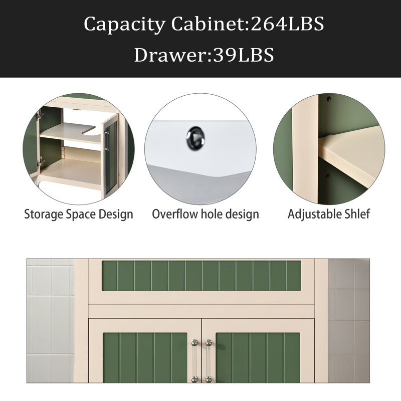 Ensemble de meuble-lavabo 30 po avec lavabo en céramique, armoire de rangement moderne avec cadre réglable en bois massif