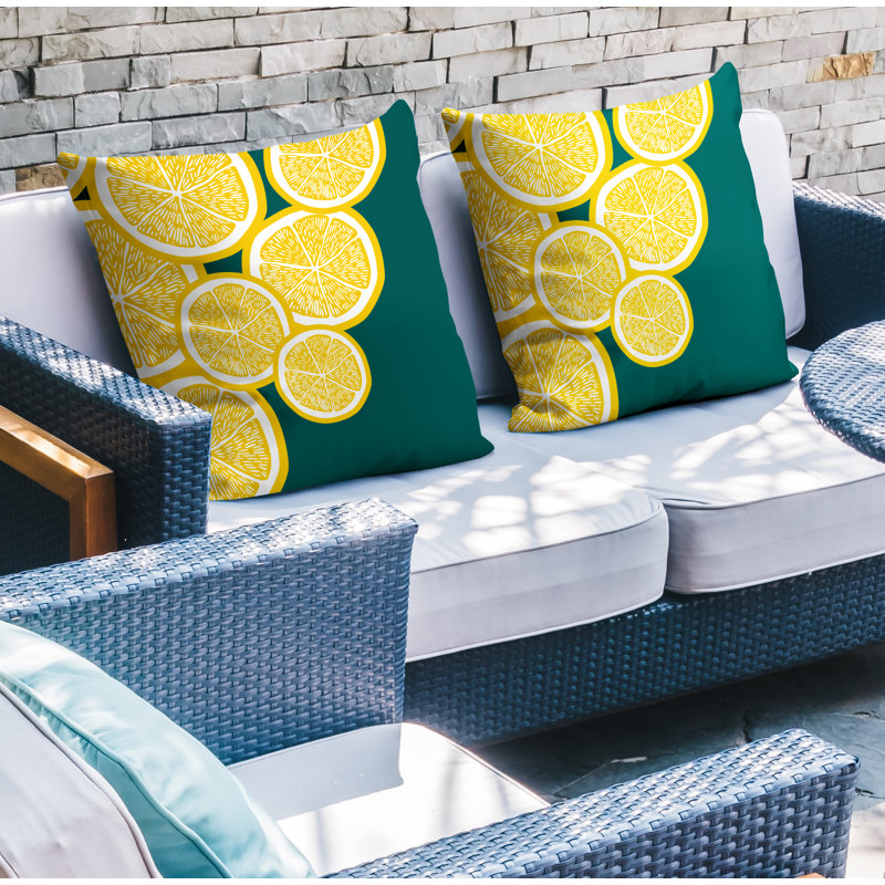 Oreiller carré intérieur / extérieur jaune Lulu, L 19 po x H 19 po, Jaune / émeraude