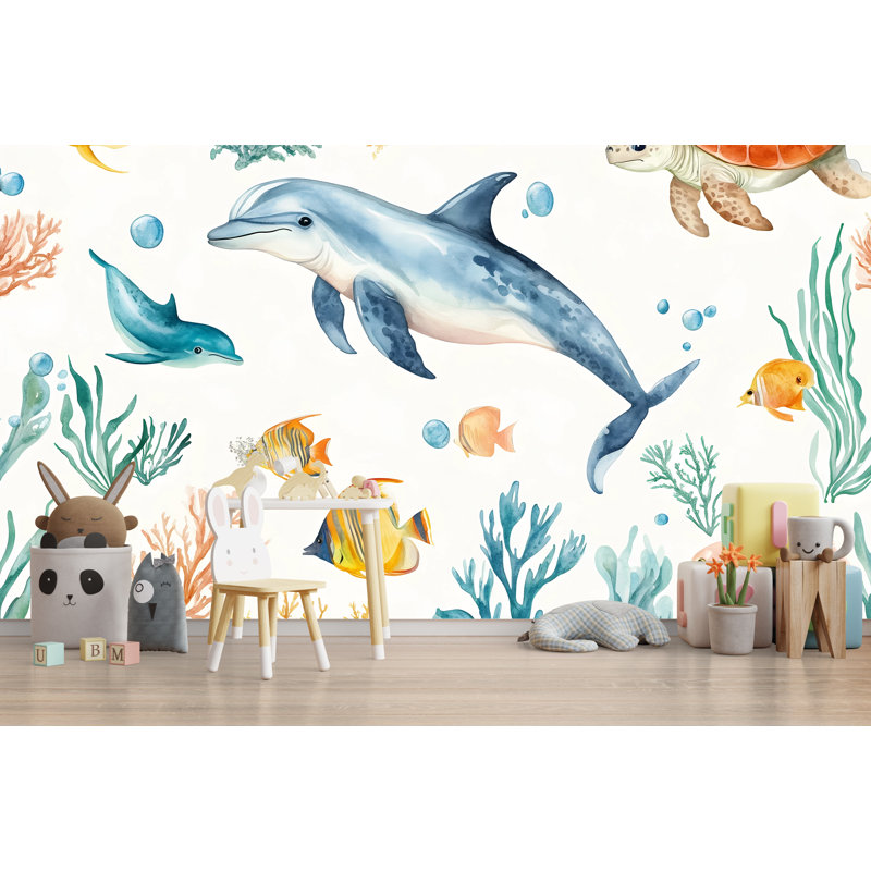 Murale dauphin - Papier peint de chambre de bébé avec tortue de mer et poisson tropical, L 75 po x l 50 po