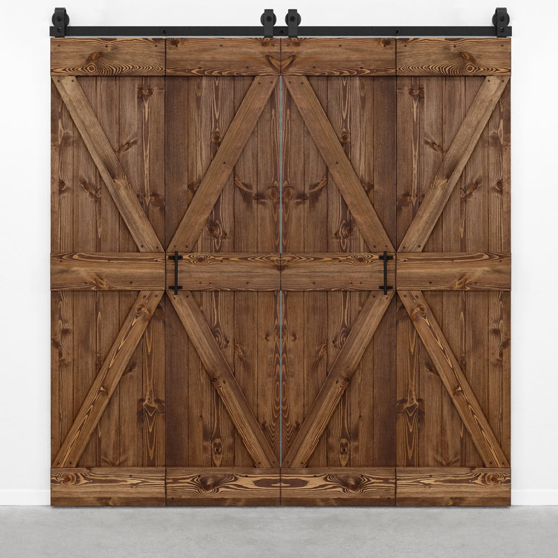 Double Bi-Fold Solid Pine Wood Barn Door, Brown Oil