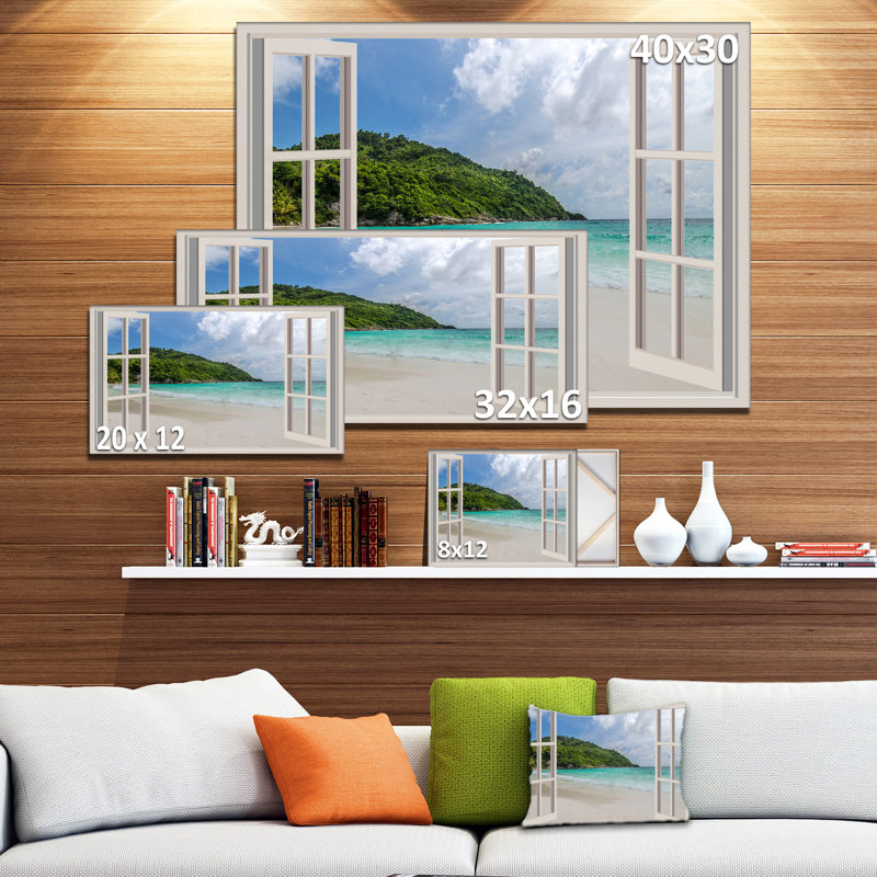 «Coastal Window Seashore View», art mural sur toile - Bord de mer calme, H 16 po x l 32 po x P 1 po, Toile tendue