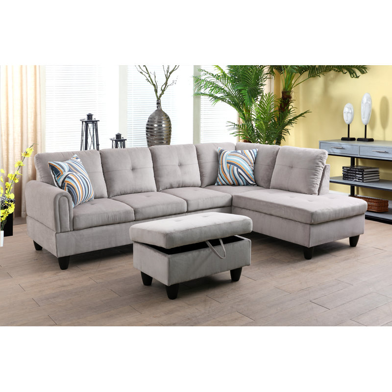 Canapé modulaire et méridienne 3 pièces avec repose-pieds Jacksmith, Face à la droite, Velours côtelé gris pâle