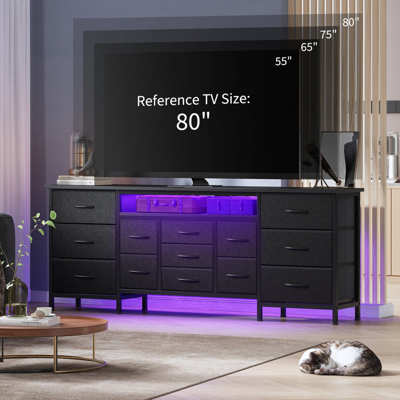 70 Inch TV Stand Dresser for 65-80 Inch TVs, Entertainment Center with 13 Fabric Drawers, Includes Power Outlets & LED Lights