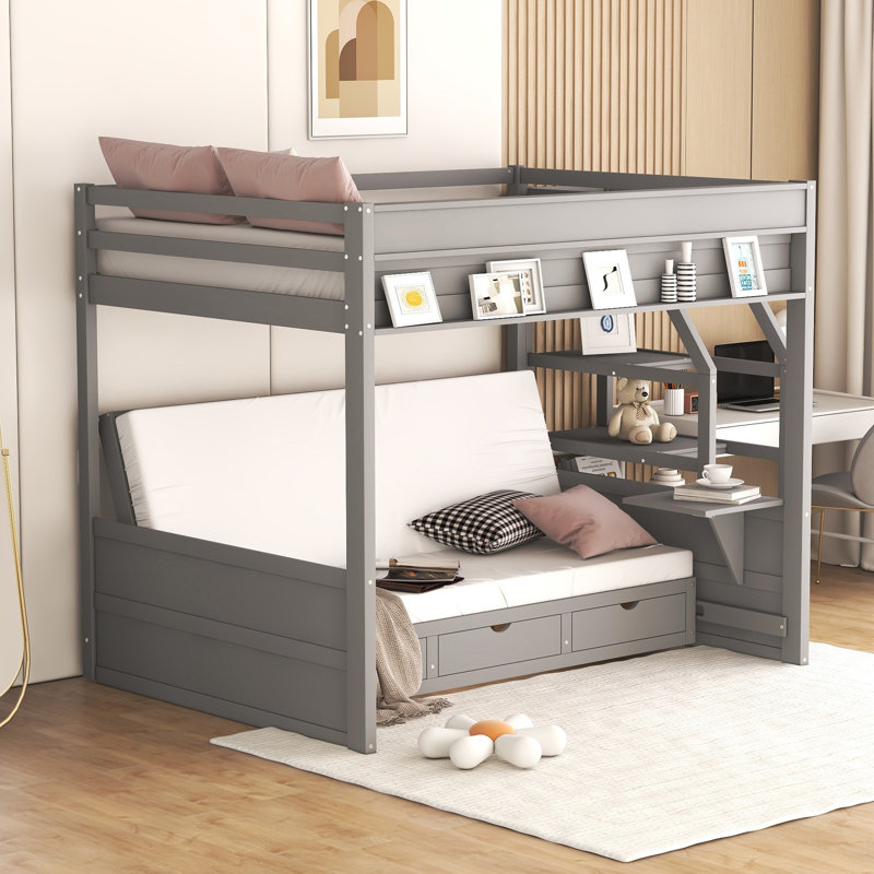 Lit double superposé au dessus d'un lit double avec tiroirs Jeptha Kids, Gris