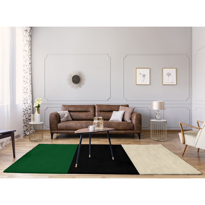 Tapis rayé vert / noir / crème, Rectangle 9 pi x 12 pi