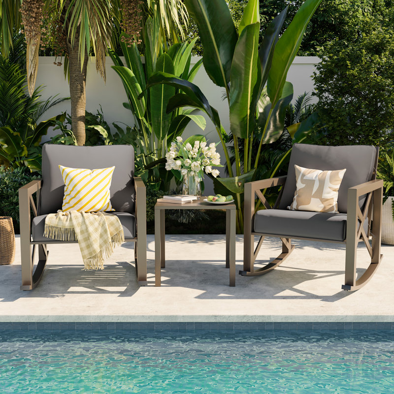 Ensemble de chaises berçantes d'extérieur pour 2 personnes avec table et coussins, Gris