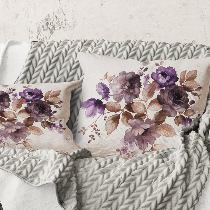Carré, fleurs rétro mauves avec feuilles brunes - coussin décoratif traditionnel, 18" x 18"