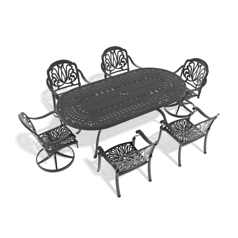 Ensemble de salle à manger 7 pièces en fonte d'aluminium toutes saisons comprenant 2 chaises pivotantes, 4 chaises et une table ovale avec cadre