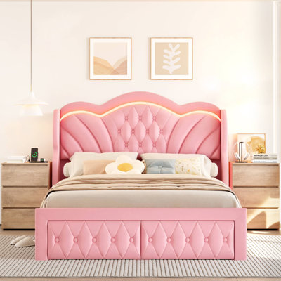 ON SALE 3-Piece Bedroom Sets, Velvet Upholstered Wingback Bed With LED Headboard And Storage Drawers, 2 3-Drawer Nightstands With Charging Port by Wrought Studio