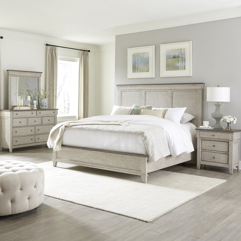 Ensemble de chambre à coucher avec lit à panneaux, commode et miroir Cathleen, Grand