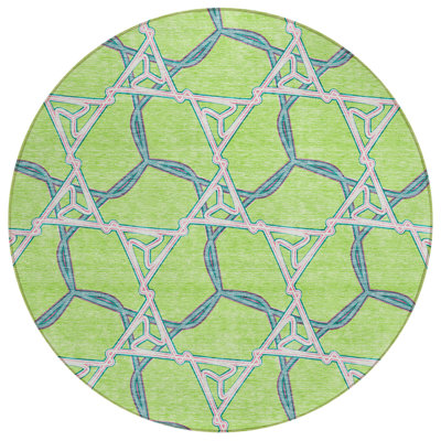 8' Lime Green And Blue Round Geometric Washable Indoor Outdoor Area Rug