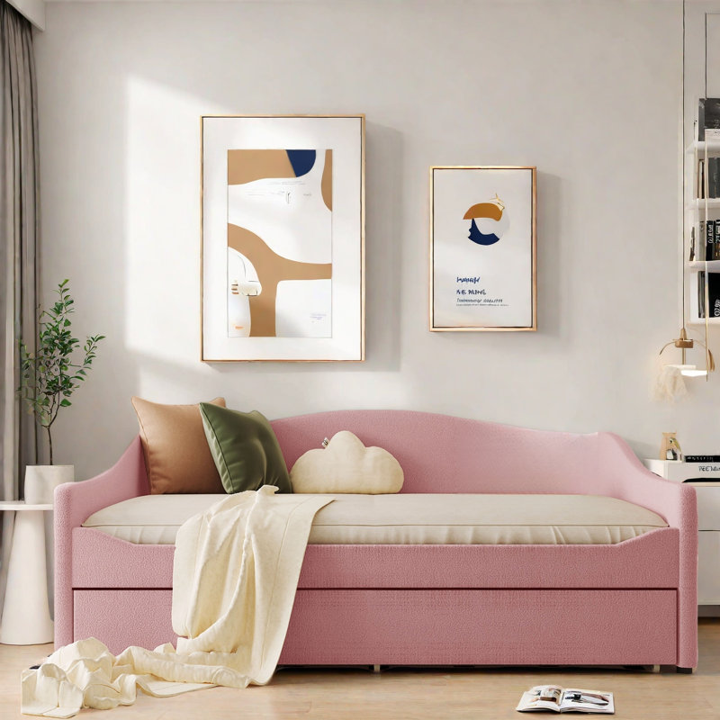 Lit de jour rembourré avec lumière DEL et lit gigogne, Rose