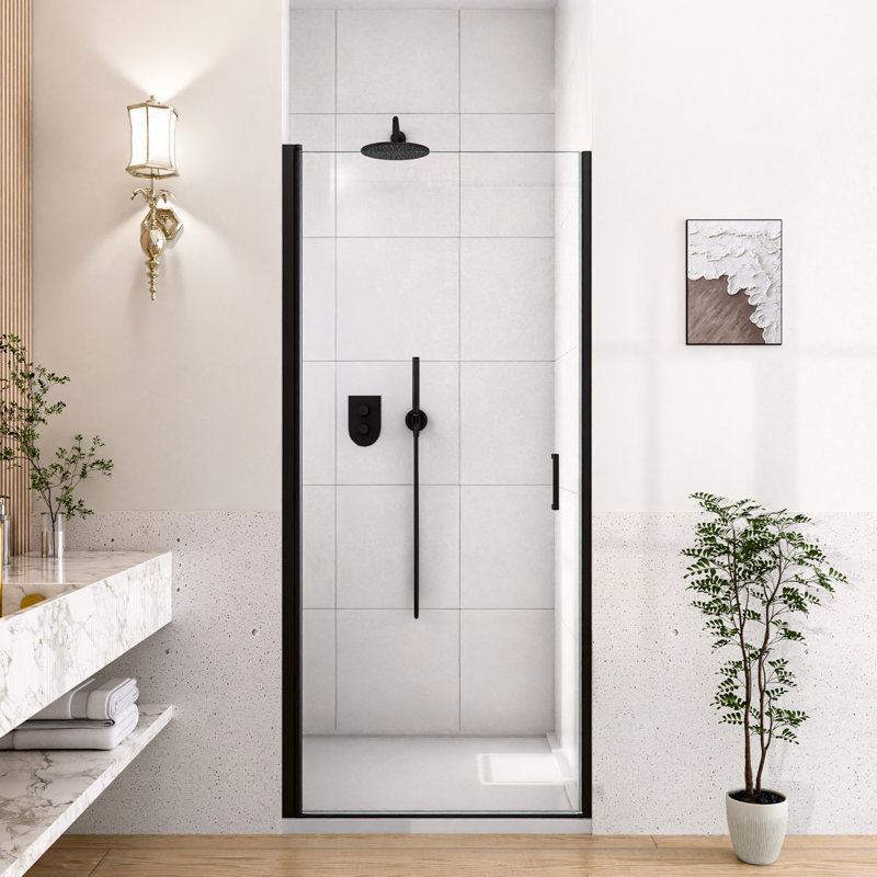 Semi - Pivot Shower Door Matte Black, 32" W 72" H, 6Mm / , Reversible Left/Right, Zero Leakage Design Door, X 1/4"  6Mm  Glass, Impact , Dual Layer Base Protection
