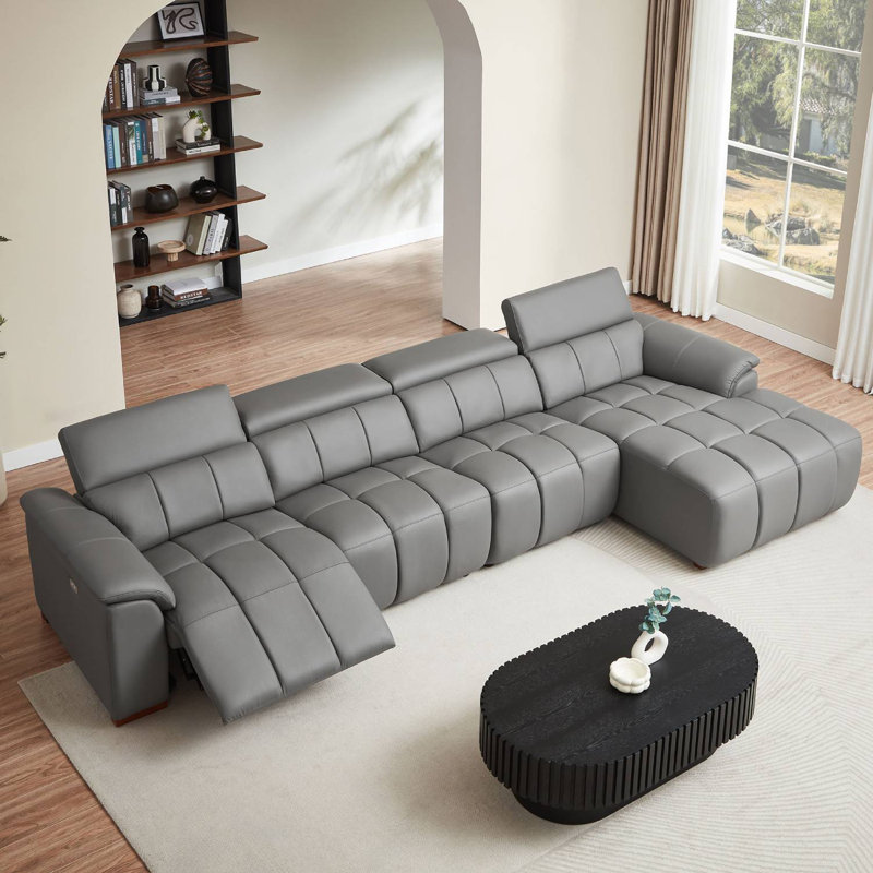 144.87" Genuine Leather Power Reclining Sectional With USB Port, Right Hand Facing, Dark Gray Genuine Leather