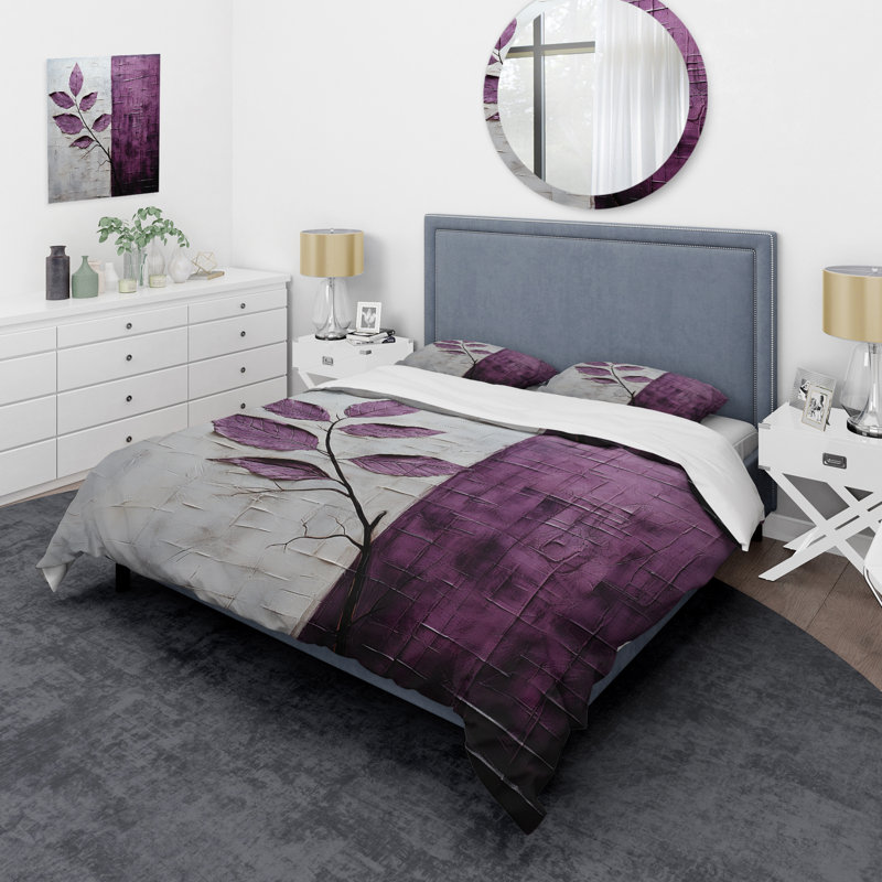 Ensemble de housse de couette mauve à feuilles mauves, Housse de couette pour grand lit et 2 taies décor