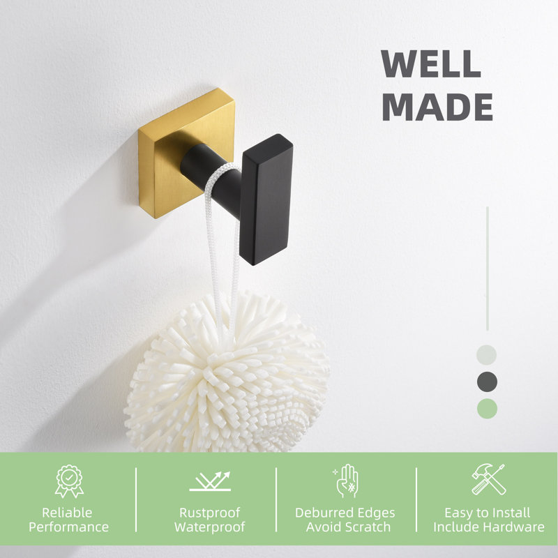 Single Stainless Steel Wall Mounted Towel Hook, Black/Gold