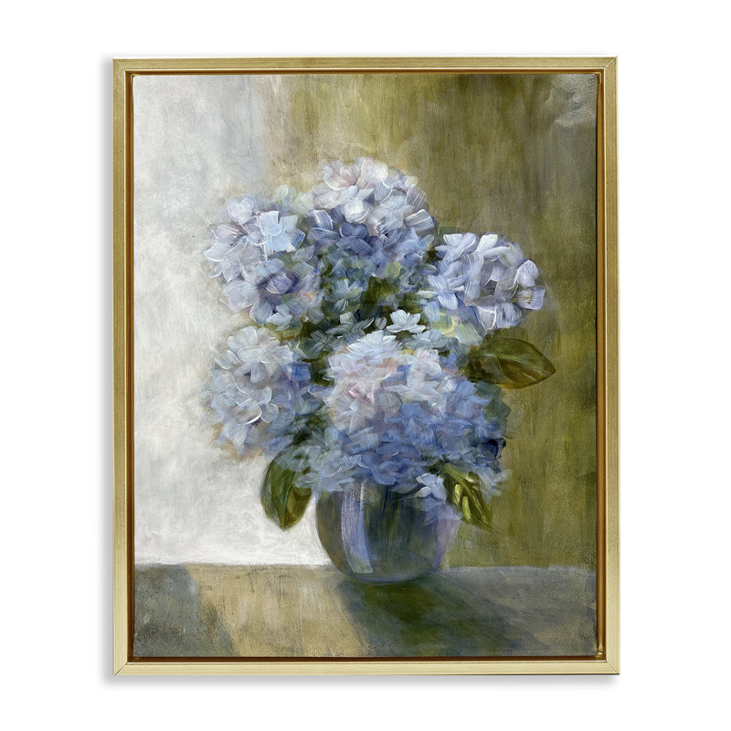 "Hortensias dans un vase", art mural sur toile flottant noir par Doris Charest, Cadre flottant métallique doré
