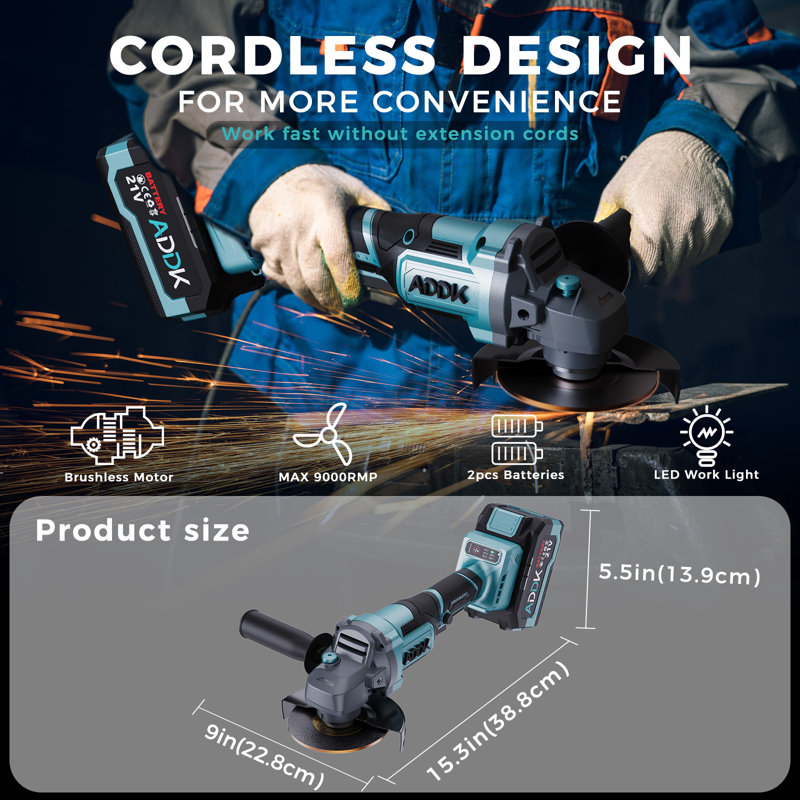 125Mm Angle Grinder Brushless Motor 6-Speed Adjustable,  Angle Grinder Kit With 2 Battery Handheld Rotary Hammer Drill Electric Wrench