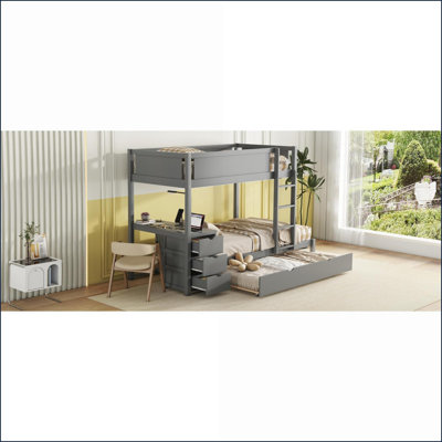 Lit simple superposé simple avec lit gigogne Pinewood, bureau de rangement et amp; Prises USB - Gris
