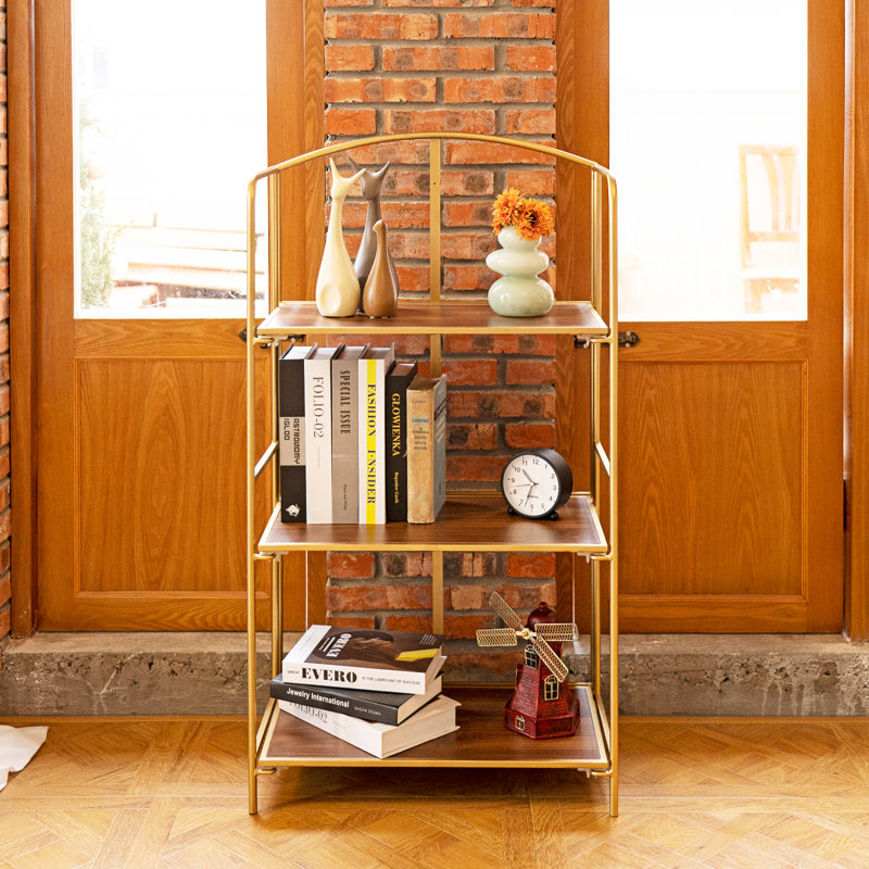 Lejon No Assembly Folding Etagere Bookcase, (3 Shelves) 39.8" H x 22.4" W x 12.6" D, Gold
