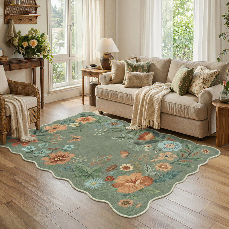 Garbrand Machine Washable Floral Botanical Green Area Rug with Non-Slip Backing for Living Room, Dining Room, Bedroom