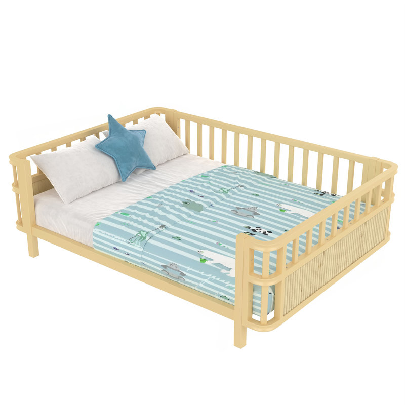 Lit plateforme en bois pour enfants avec balustrades, Lit double, Naturel