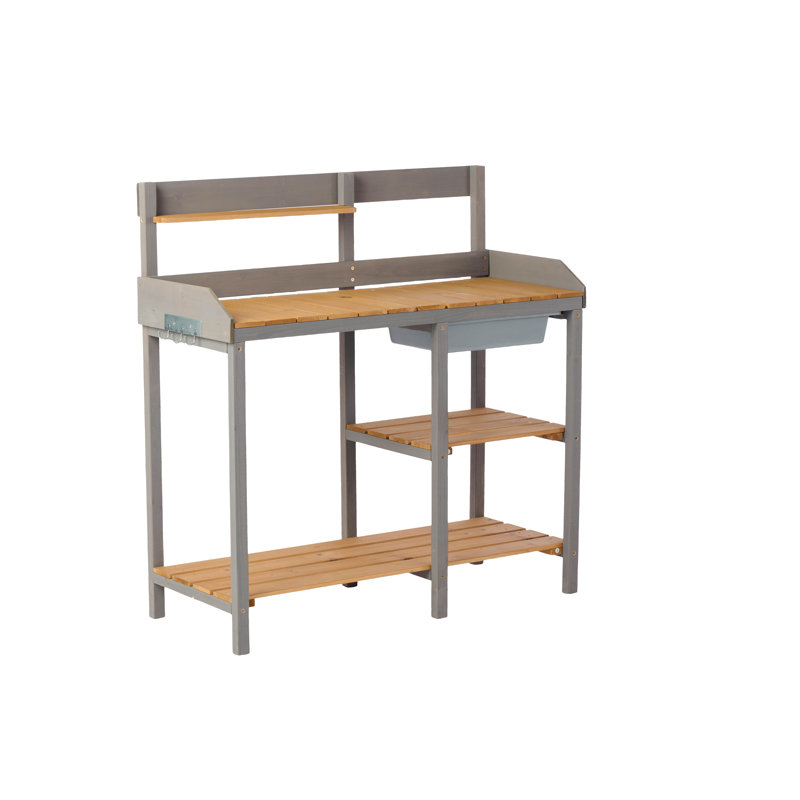 Table de rempotage d'extérieur en bois avec évier, banc de travail de table de jardin avec tablette, poste de travail pour pelouse extérieure