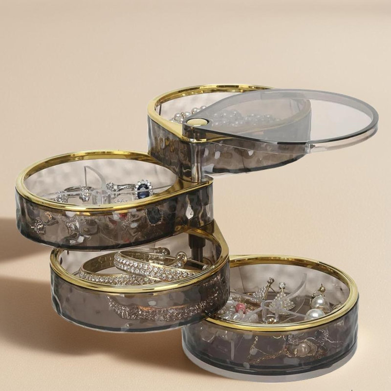 Boîte de rangement rotative pour bijoux à 4 niveaux avec vue - rangement compact pour bagues, boucles d'oreilles, colliers, bracelets et accessoires pour cheveux