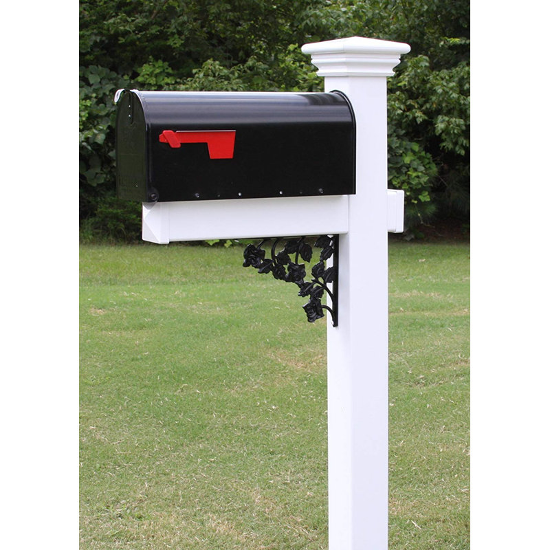 Black and White Vinyl Mailbox Post with Decorative Rose Bracket