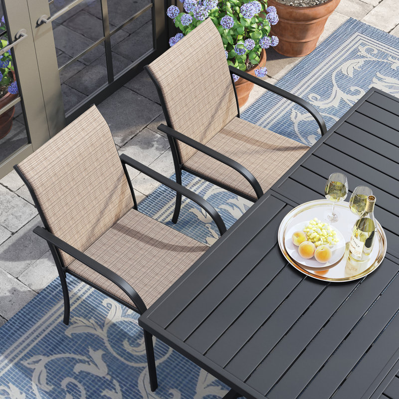 8-Person Square Patio Dining Set With Stackable PVC-coated polyester Chairs, Black/Brown
