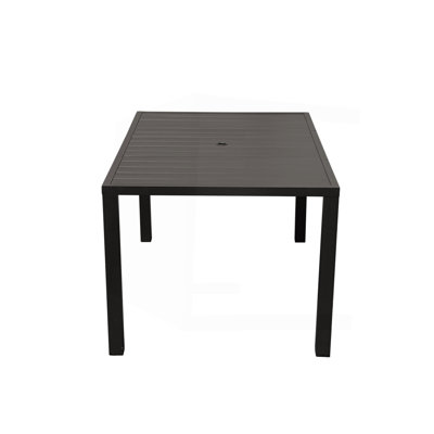 Table de salle à manger d'extérieur pour 4 personnes, table de patio carrée en métal à lattes pour terrasse avec trou pour parasol, brun