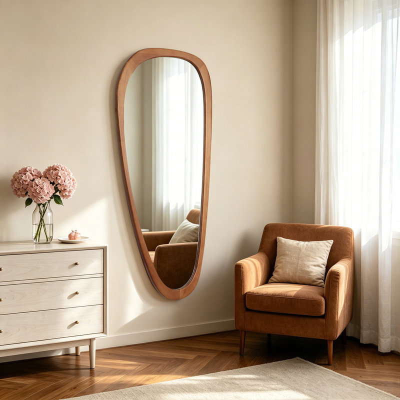 Cotesfield Solid Wood Asymmetrical Accent Mirror, 48" x 22", Walnut
